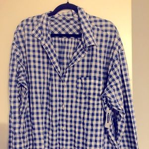 Navy blue and white checkered button up top that ties in the front.